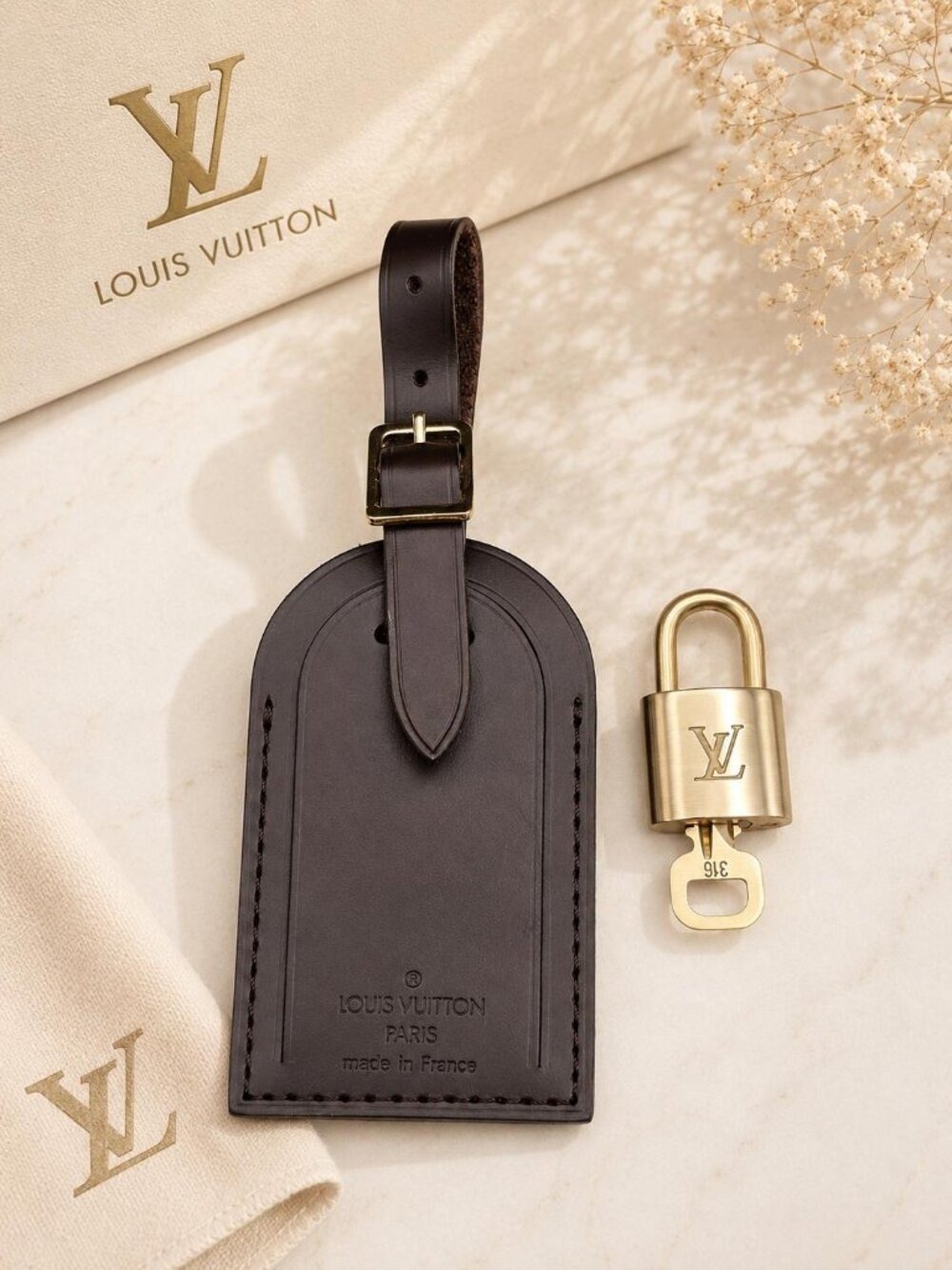 Authentic Louis Vuitton Brown Luggage Tag & Gold Padlock with Key-Made in France